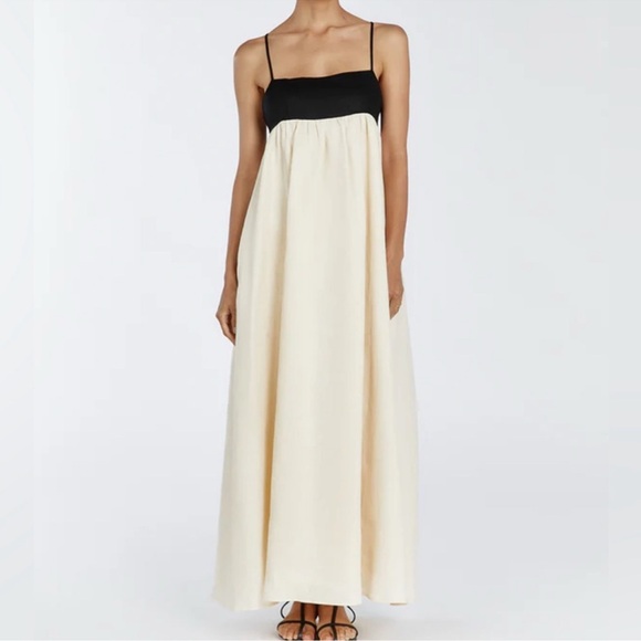 DISSH Elena Black and Cream Spaghetti Strap 100% Linen Maxi Dress. Size 2. - Picture 1 of 14